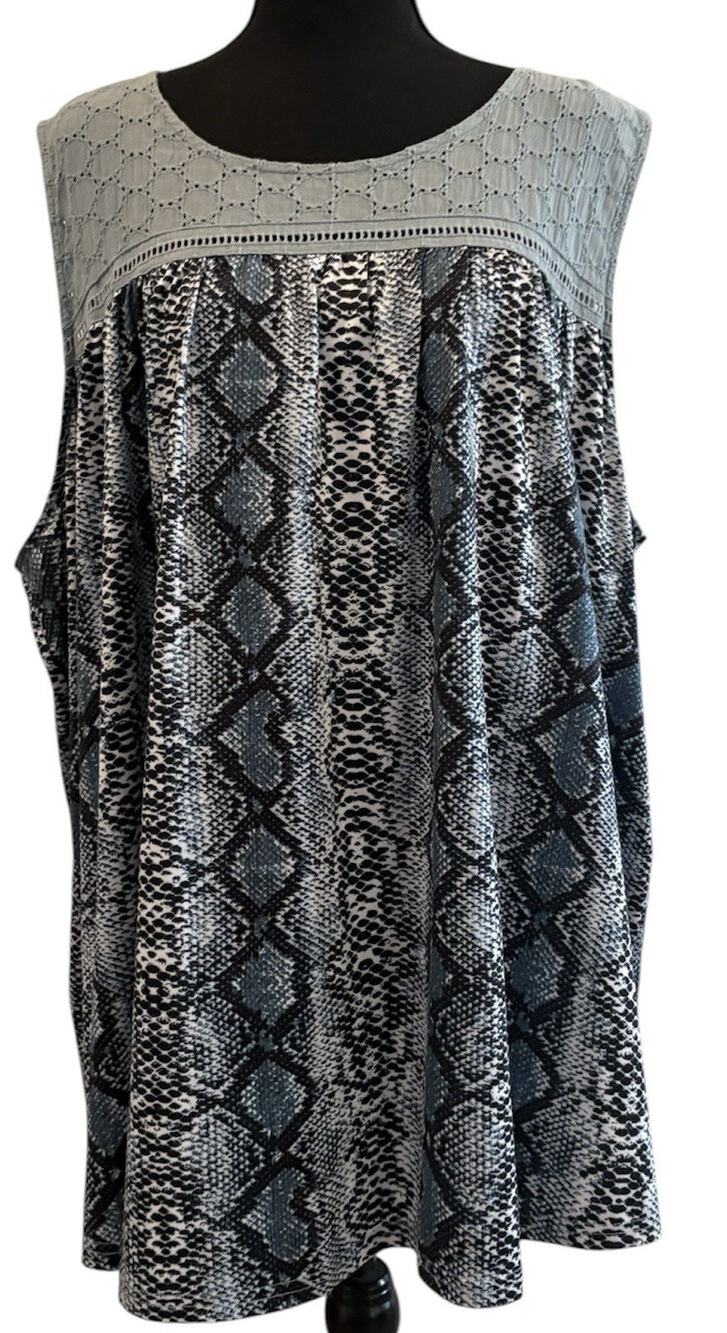 Suzanne Betro Blue Eyelet Snakeskin Print Sleeveless Blouse Size 4X